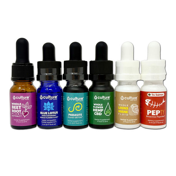 A group of Culture For Good dropper bottles